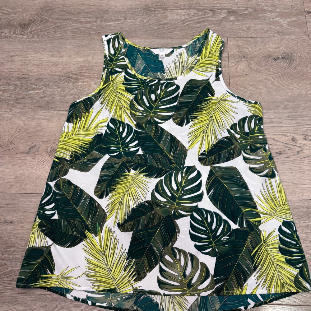 Time and Tru Womens Tropical Palm Leaves Sleeveless Tank Top Green White Medium